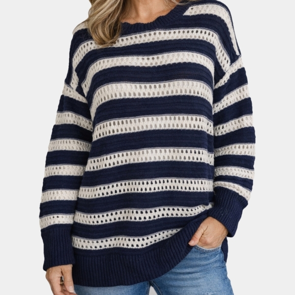 Ava & Viv Sweaters - Ava & Viv Crew Neck Open Crochet Striped Long Sleeve Sweater Size 2X